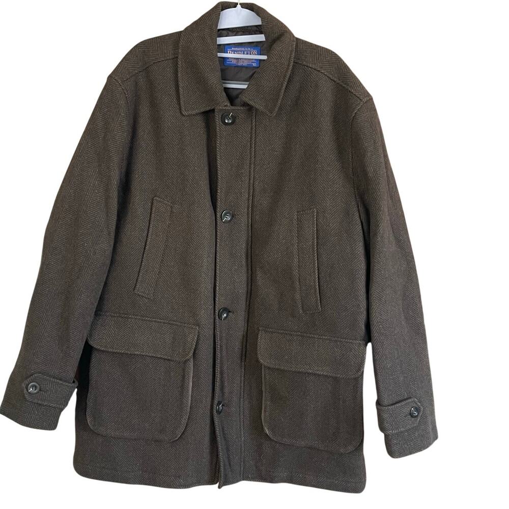 Vintage Pendleton Wool Car Coat, Brown Herringbone Men's Large w/ Storm Strap